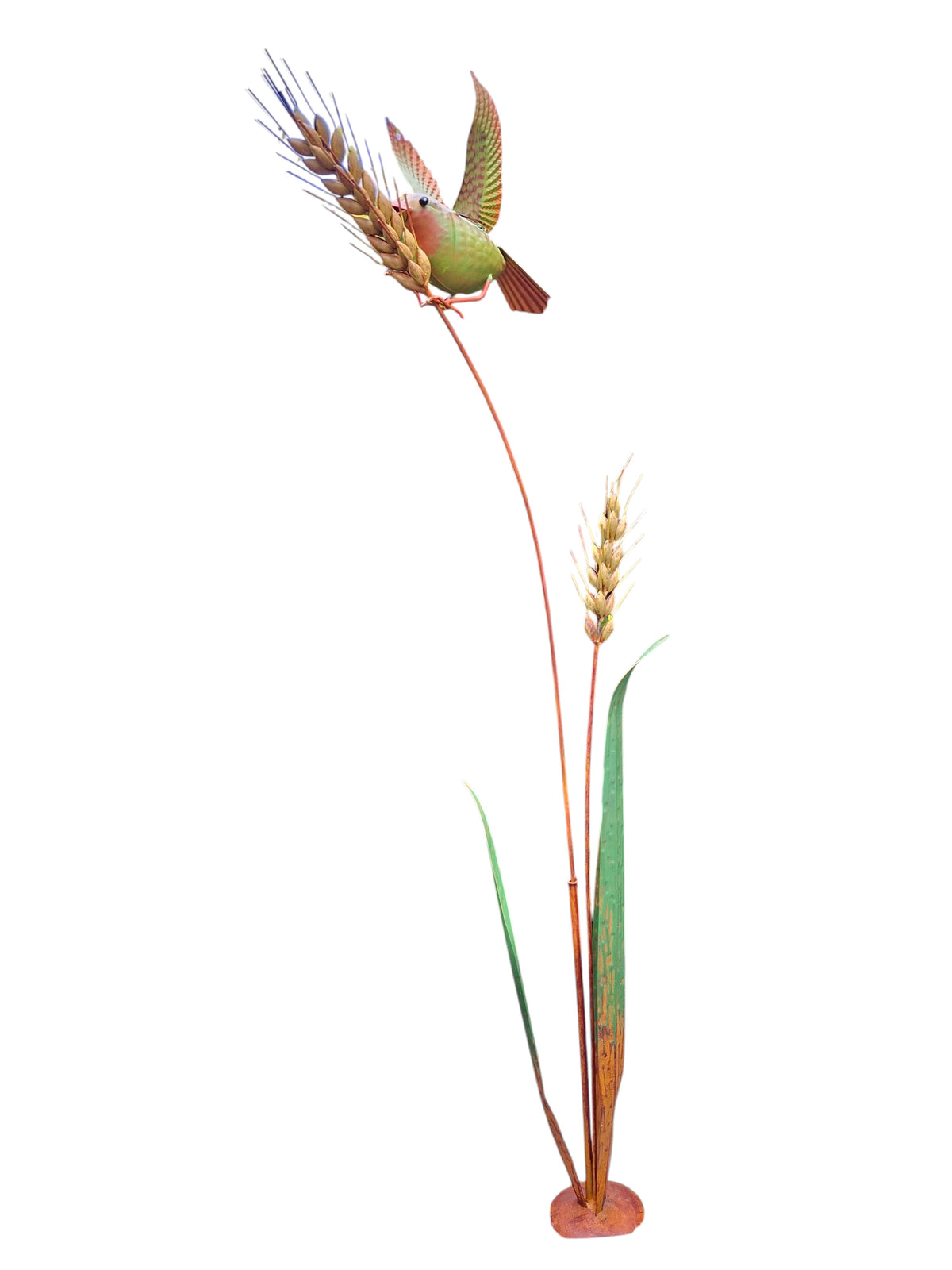 Gerststengel met Groene vogel tuindecoratie – detailfoto