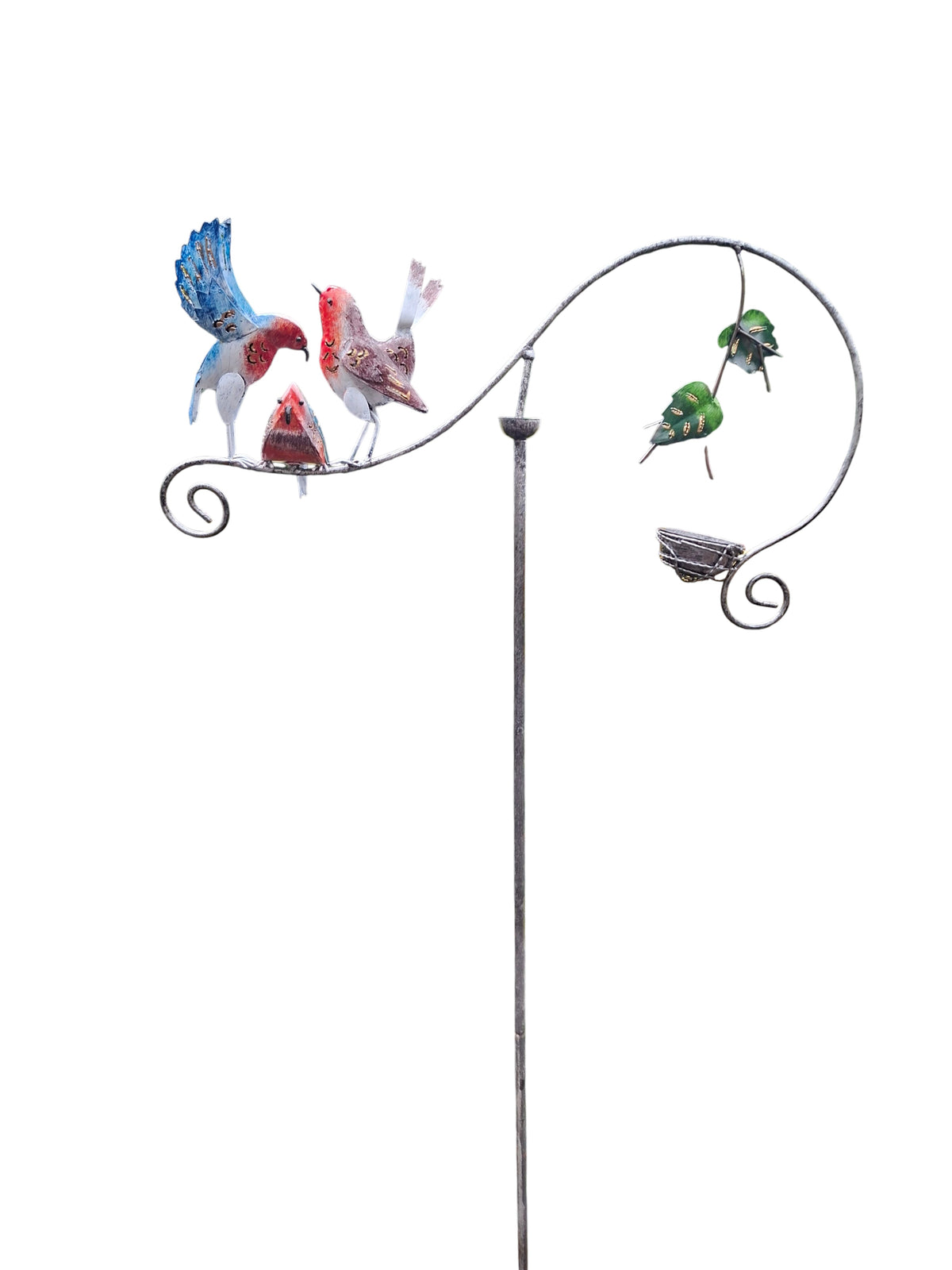 Vogels met voerbakje tuindecoratie – detailfoto